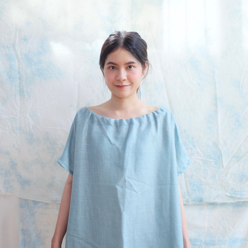 リボンタイリネンワンピース – マイルドブルー / linnil オリジナルデザイン - ワンピース - コットン・麻 ブルー