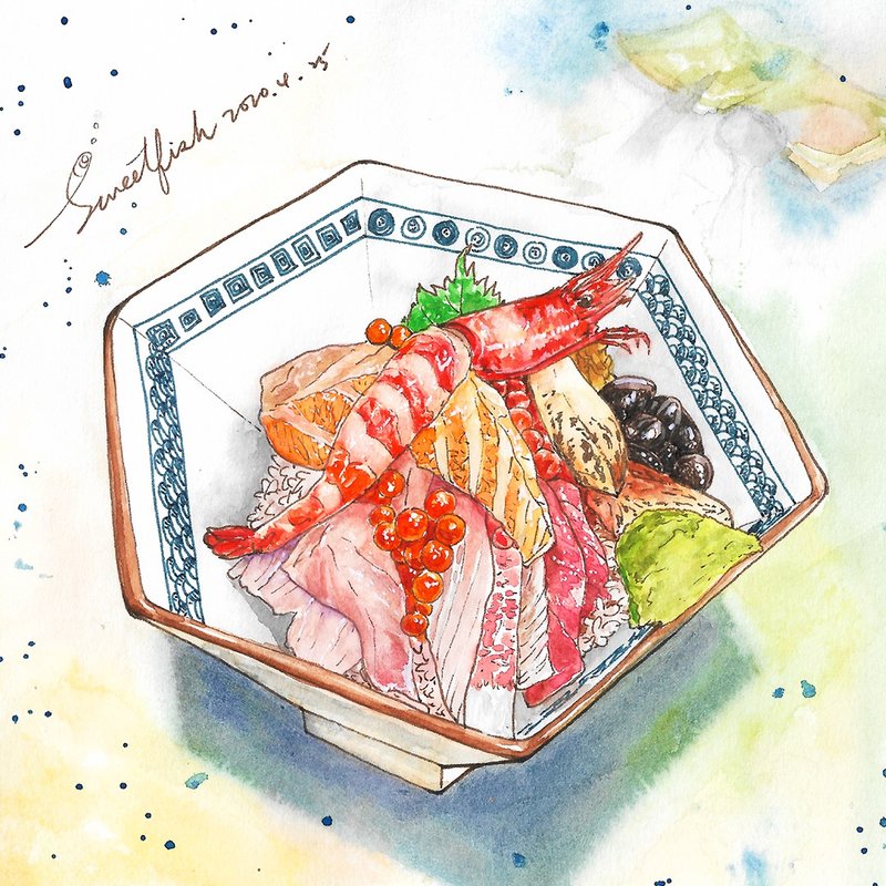 Seafood Rice Bowl－postcard/ food postcard/ food card/ food illustration - การ์ด/โปสการ์ด - กระดาษ สีน้ำเงิน
