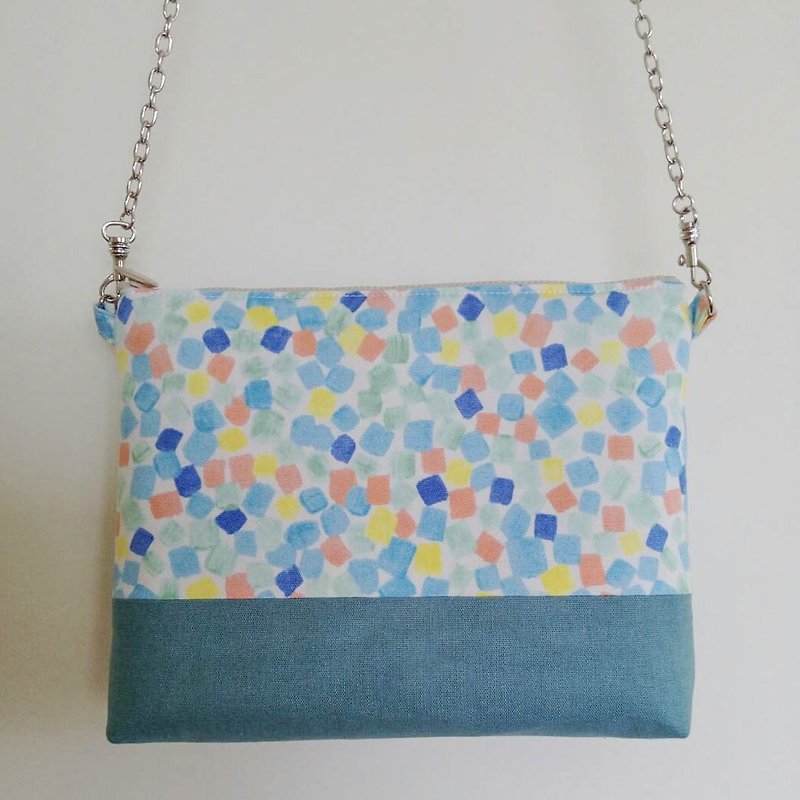 Blue brick contrast zipper bag - กระเป๋าแมสเซนเจอร์ - ผ้าฝ้าย/ผ้าลินิน สีน้ำเงิน