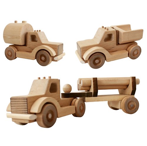 WoodCreativityGifts Wooden truck 3 in 1 - log truck, dump truck, car with tank. Montessori baby toys
