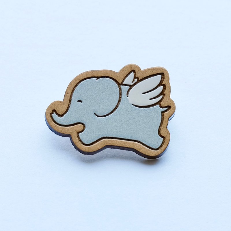 彩繪木製胸針-飛天小象 - 胸針 - 木頭 灰色
