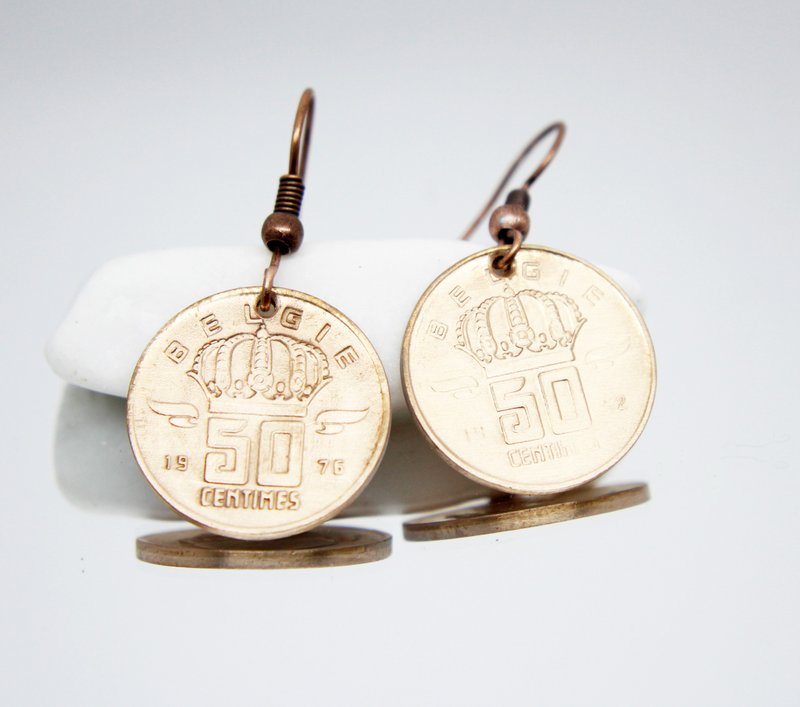 Coin Drop Earrings Mini Coin Earrings Coin Hoop Earrings Tiny Coin Earrings - 耳環/耳夾/耳骨夾 - 其他金屬 