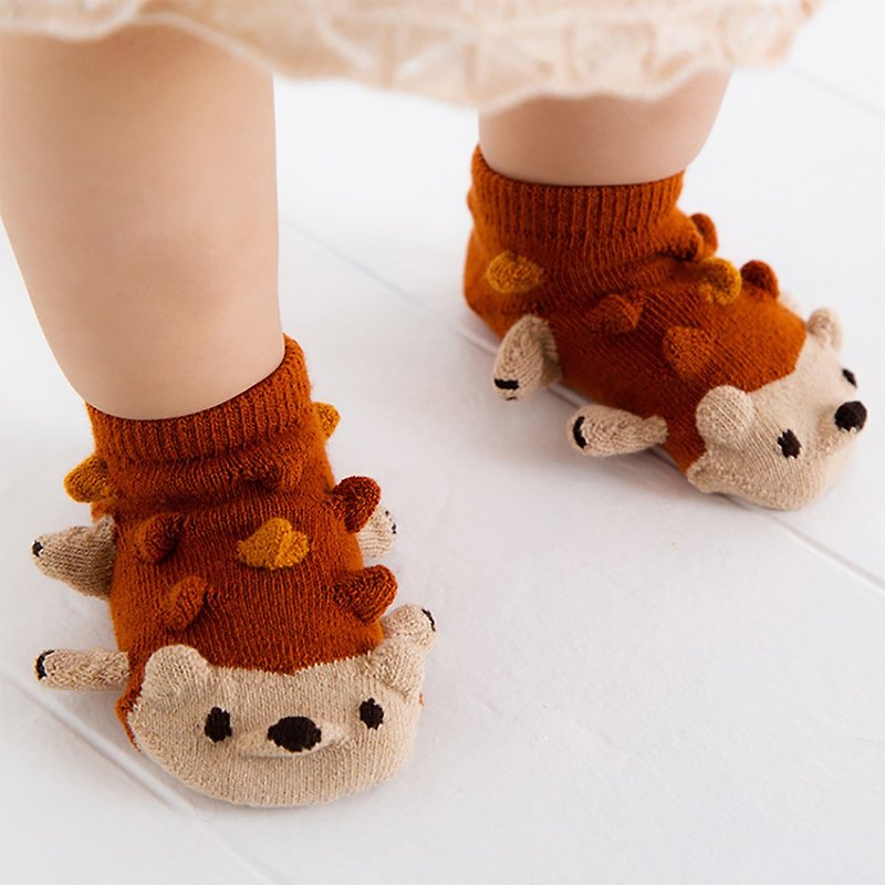 棉．麻 嬰兒襪子 橘色 - 動物造型立體嬰兒襪 - 刺蝟 XS 9~12cm