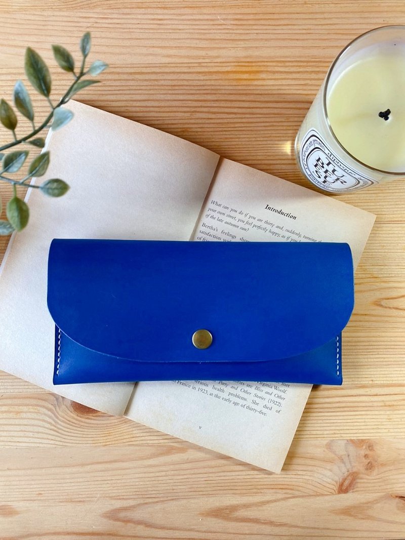 [Mini5] 6-compartment simple style long clip / no zipper (blue-gray) / Chinese Valentine's Day / Valentine's Day gift - กระเป๋าสตางค์ - หนังแท้ 