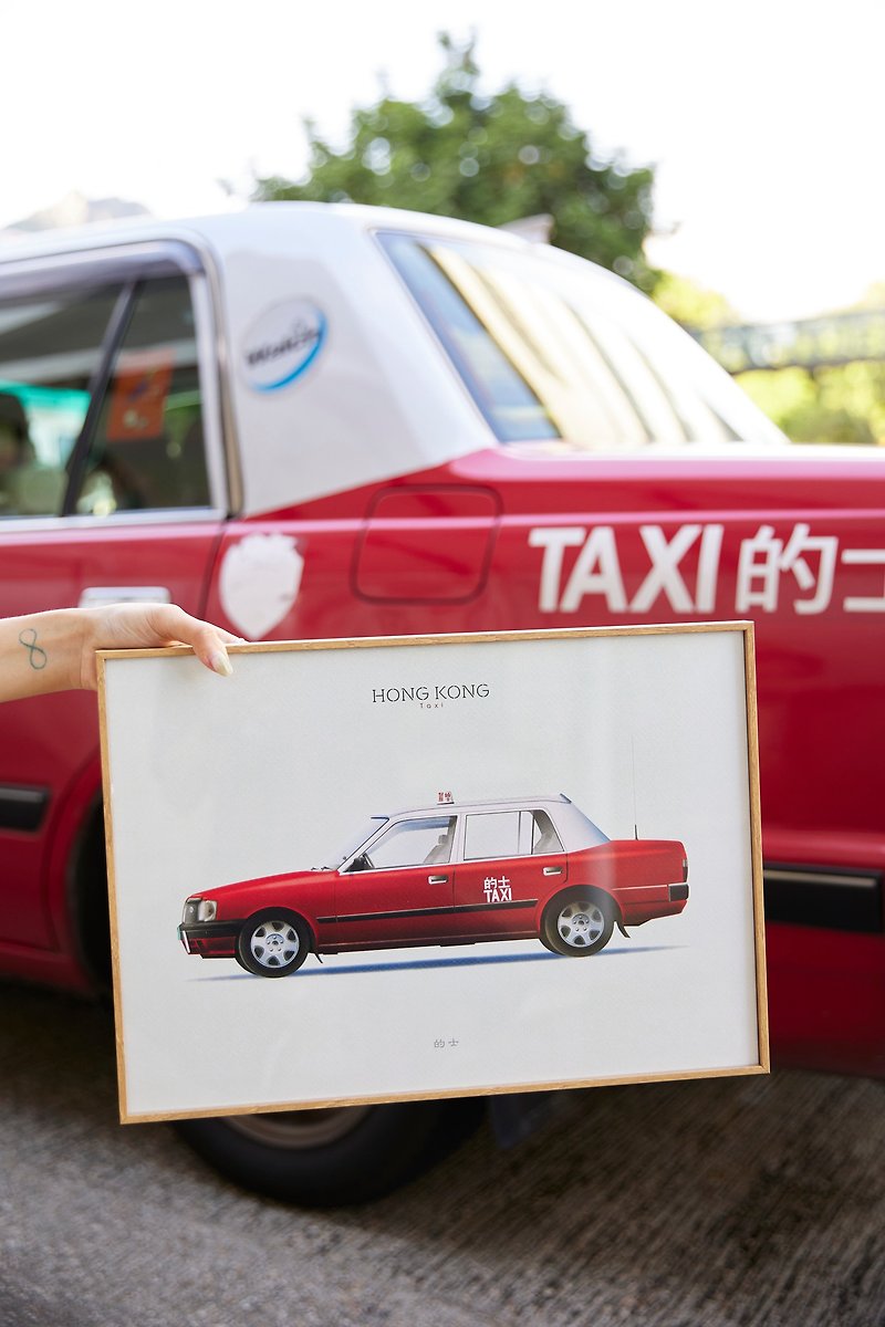 香港のタクシー80年代と90年代のクラシックモデルオリジナルイラストフレーム付き吊り下げ画像