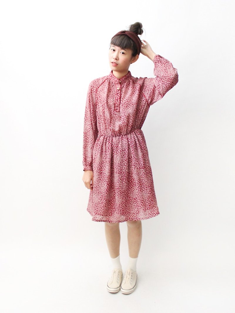 [RE0322D1074] Japanese wine red leaves in spring and summer long-sleeved floral vintage dress - One Piece Dresses - Polyester Red