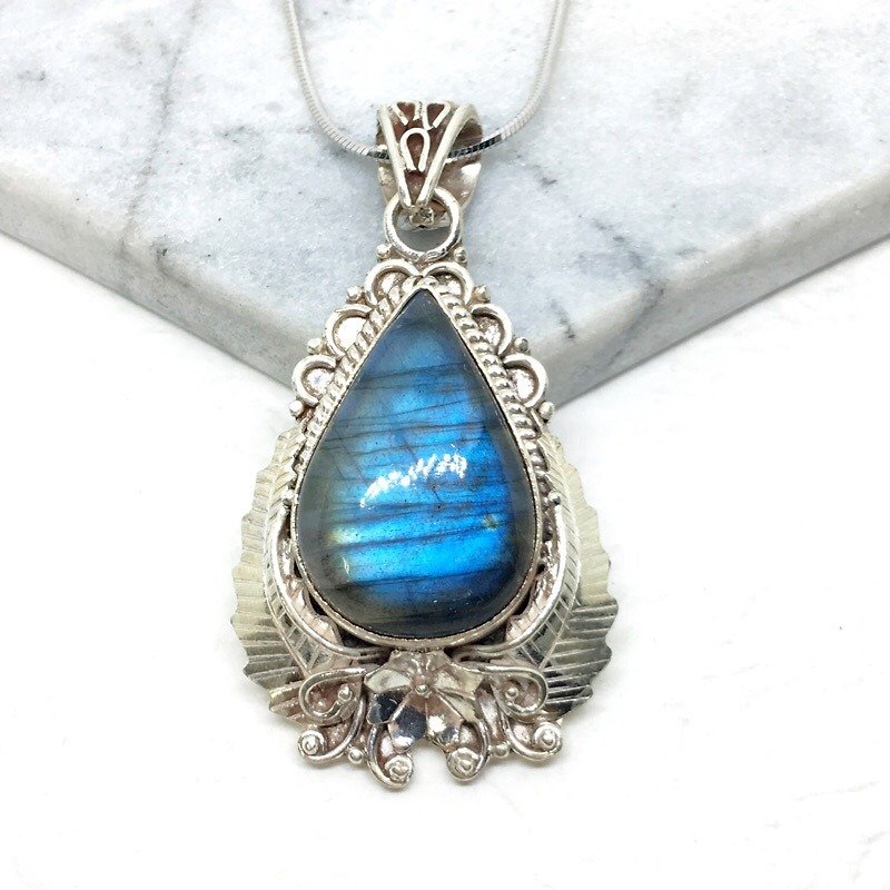 拉長石925純銀華麗森林風格項鍊 尼泊爾手工鑲嵌製作 - 項鍊 - 寶石 藍色