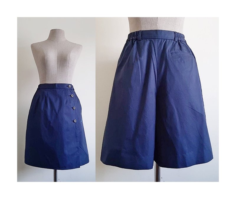 BUBERRYS Vintage Navy Blue High Waisted Shorts - กางเกงขาสั้น - ผ้าฝ้าย/ผ้าลินิน สีน้ำเงิน