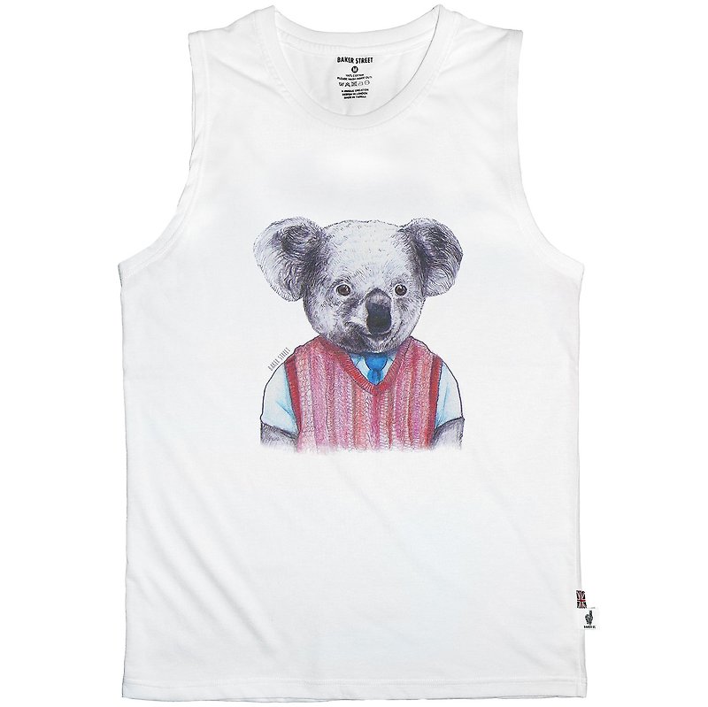 British Fashion Brand -Baker Street- Koala Printed Tank Top - เสื้อกั๊กผู้ชาย - ผ้าฝ้าย/ผ้าลินิน ขาว