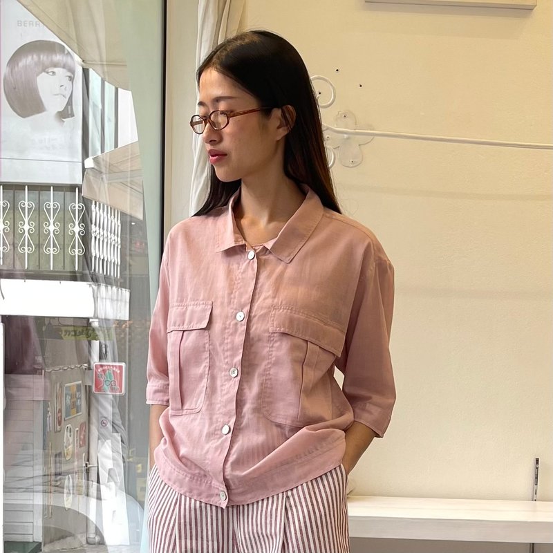 Safari Blouse : Breathable  Cotton Short Sleeves Pink Color - 女上衣/長袖上衣 - 棉．麻 粉紅色