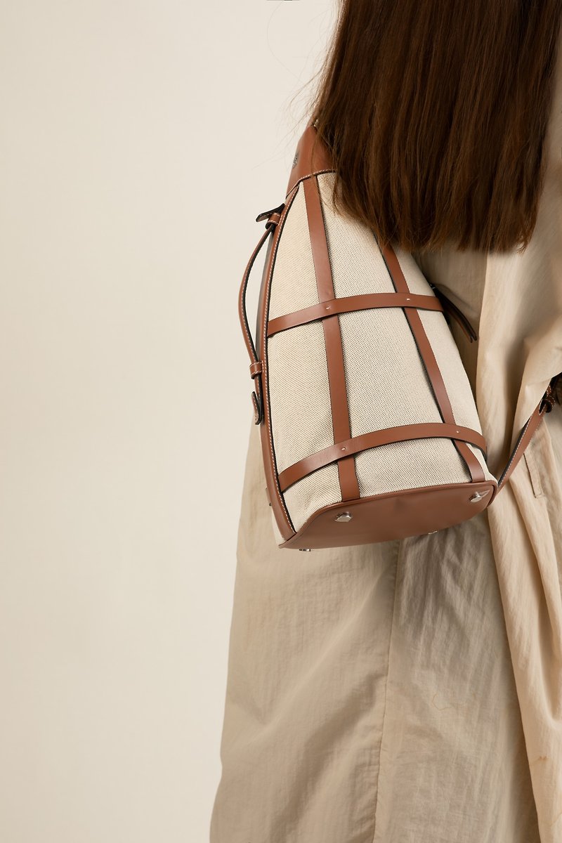 Brown Hip Bag Calfskin Woven Canvas Shoulder Messenger Bag - Handbags & Totes - Genuine Leather Brown