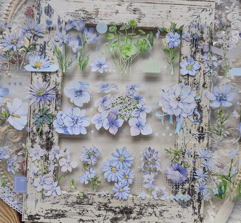 軽やかなレトロ素材（花や草）PETと和紙テープのクールなスタイルのコレクション - マスキングテープ - その他の素材 ブルー