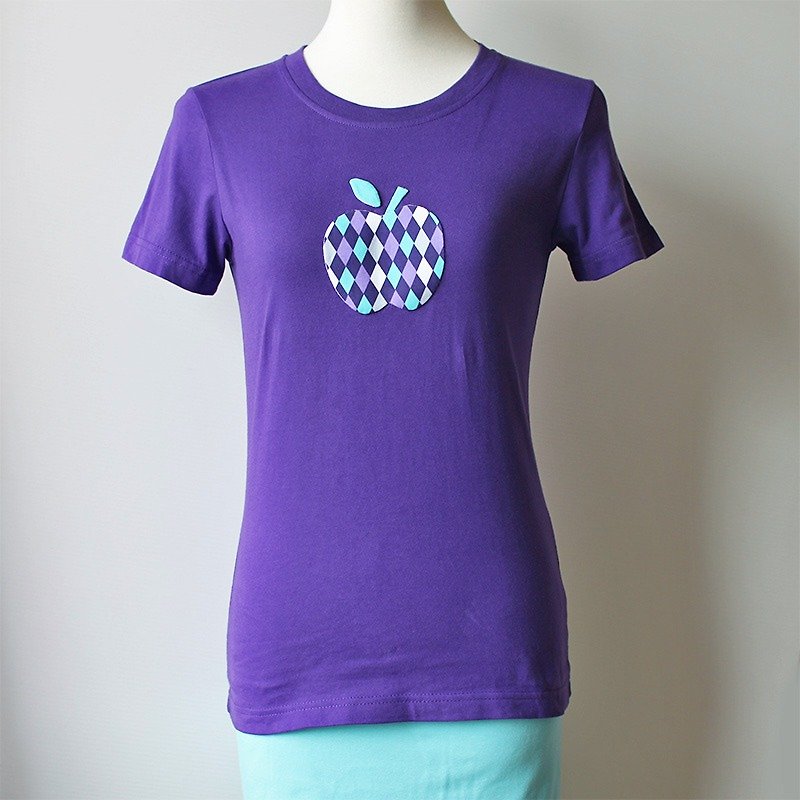 Diamond Check Apple Short Sleeve T-shirt - เสื้อยืดผู้หญิง - ผ้าฝ้าย/ผ้าลินิน สีน้ำเงิน