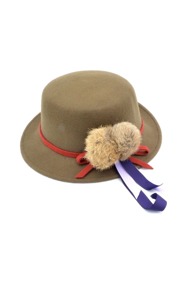 TIMBEE LO Khaki fox fur ball ribbon cashmere lady hat handmade - หมวก - ขนแกะ สีนำ้ตาล