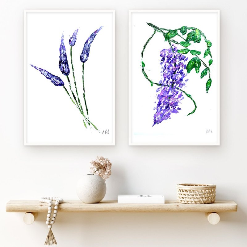 Set of 2 Flowers Painting, Orignal Painting, Floral Painting, Blossom Decor - ตกแต่งผนัง - อะคริลิค สีม่วง