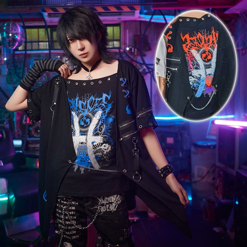 Punk Tattoo fashion twins of fate PISCES asymmetrical layered look tshirt JJ2393 - เสื้อยืดผู้หญิง - ผ้าฝ้าย/ผ้าลินิน 