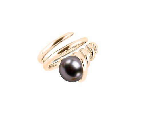 Majade Jewelry Design 黑珍珠925純銀戒指 螺旋環繞造型戒指 圓球寶石雞尾酒厚版戒指