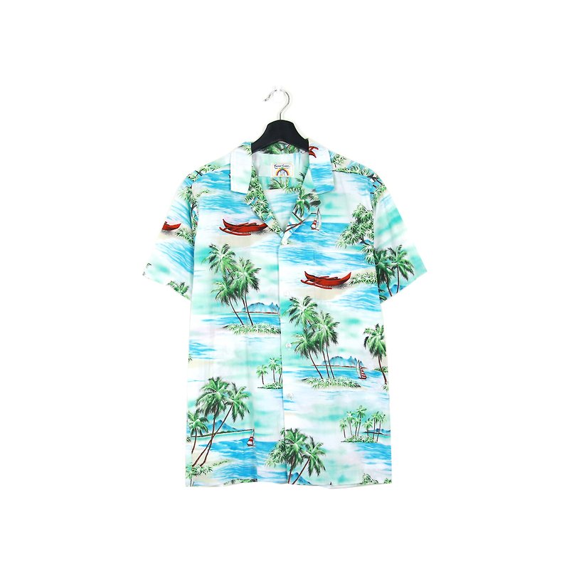 Back to Green :: Beach Boats // Men and Women Wearable // vintage Hawaii Shirts (H-25) - เสื้อเชิ้ตผู้ชาย - ผ้าฝ้าย/ผ้าลินิน 