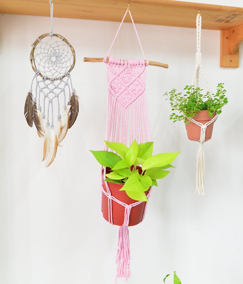 Pink style cotton rope braided potted plant hanging decoration - ของวางตกแต่ง - ผ้าฝ้าย/ผ้าลินิน สึชมพู