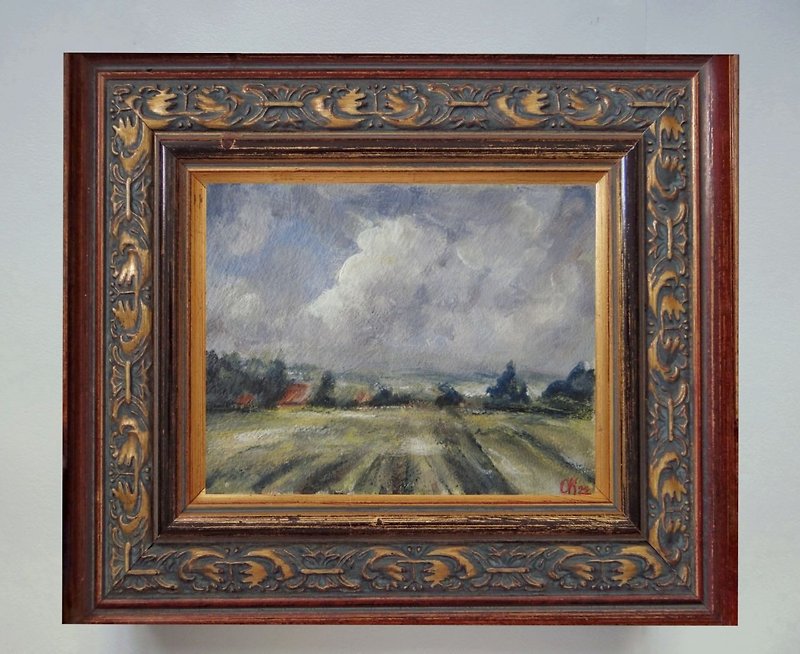 Country  landscape painting - Antique wooden frame -Packaging of Christmas gifts - Wall Décor - Wood Green