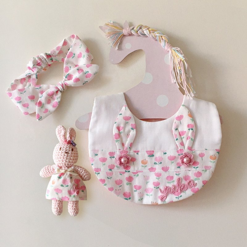 Tulip/rabbit bib (including headband)/customizable name/6 layers of yarn imported from Japan/excluding rabbits - ผ้ากันเปื้อน - ผ้าฝ้าย/ผ้าลินิน สึชมพู