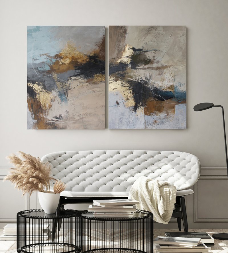 ブラウンゴールドの絵画 |ブラウンゴールドの抽象画 | 抽象的な壁アート | フライト3セット - ウォールデコ・壁紙 - コットン・麻 ブラウン