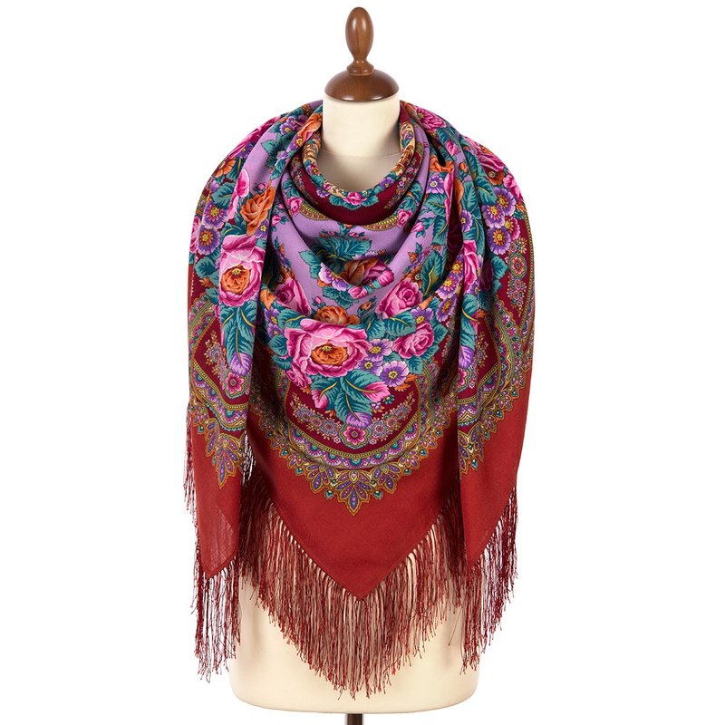 Pavlovo Posad Russian Shawl 100% Wool Scarf Silk Tassels 146x146 cm 1910-5 - 絲巾 - 羊毛 紅色