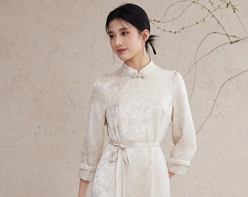 初蟬 新中式復古中國風 夏季七分袖 醋酸提花洋裝