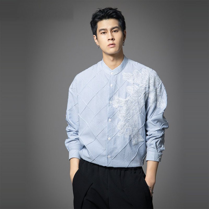 秋季菱形格長袖襯衫  男士繡花條紋襯衣 - 男襯衫/休閒襯衫 - 棉．麻 藍色