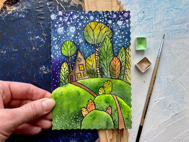 Night landscape painting Mini Original watercolor card Miniature art by Rubinova - โปสเตอร์ - กระดาษ หลากหลายสี