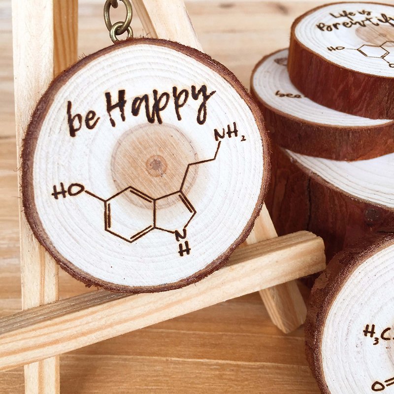 Wooden Key Ring BE HAPPY Wood Log Keychain. Science Chemistry Molecule Gift. - Charms - Wood 