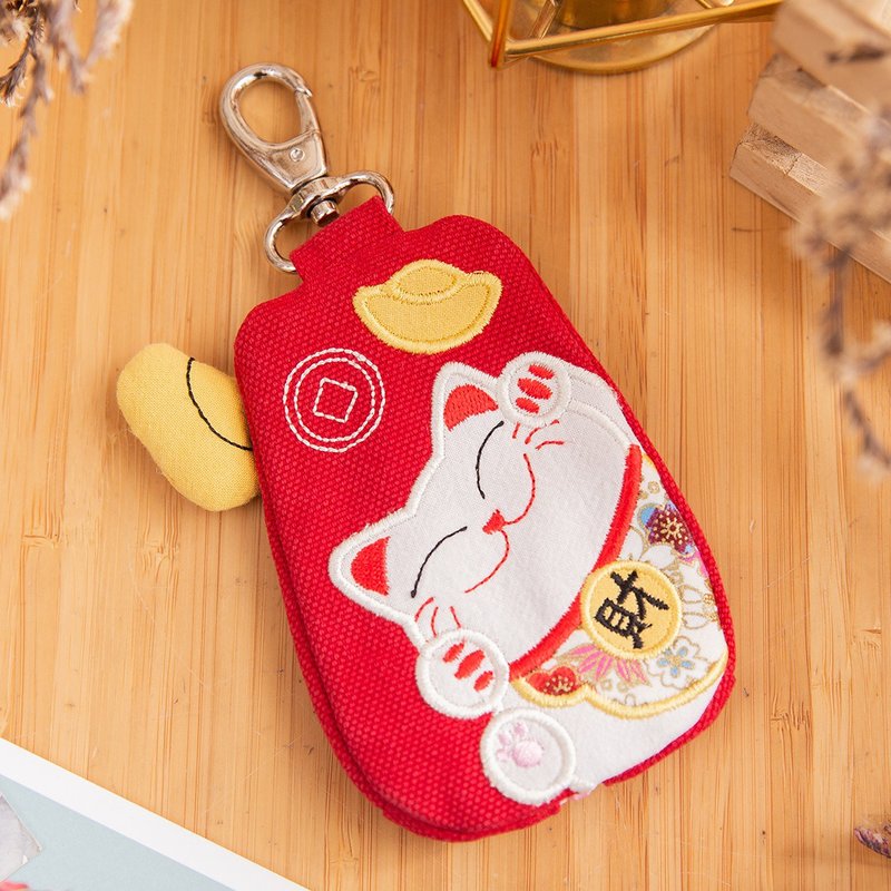 Lucky Cat Patchwork Bag Zipper Small Item Storage/Key/Coin Purse【820343】 - ที่ห้อยกุญแจ - ผ้าฝ้าย/ผ้าลินิน สีแดง