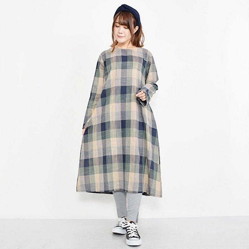 Colorful check pattern long sleeve long one piece - One Piece Dresses - Cotton & Hemp 