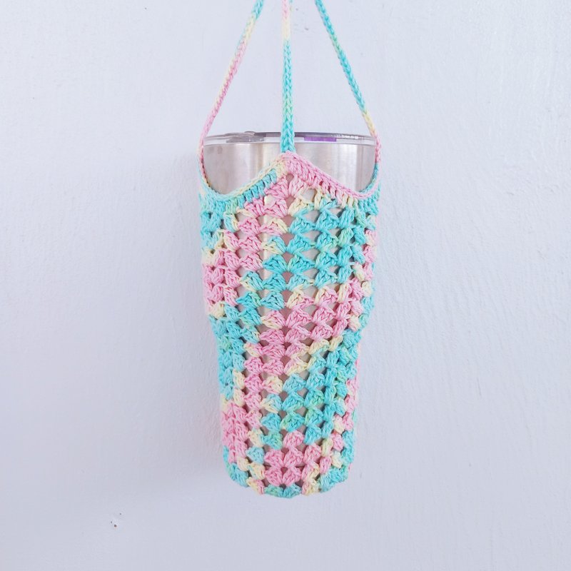 Ice cream square bottom checkered woven cup bag pure cotton cup cover beverage bag cup bag water bottle bag - Beverage Holders & Bags - Cotton & Hemp Multicolor