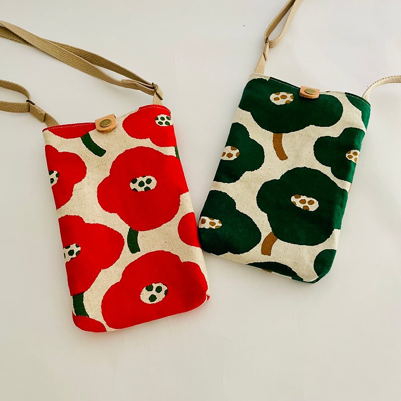 Nordic poppy phone carrier. Zippered interior pocket. Japanese design cloth - Messenger Bags & Sling Bags - Cotton & Hemp Multicolor