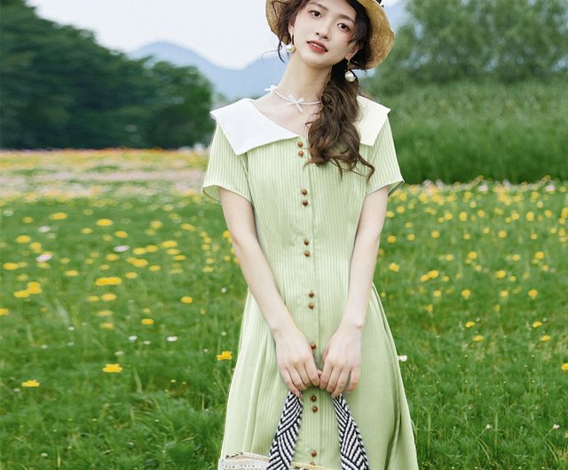 Summer green large lapel striped dress for petite pear shaped wear chiffon satin loose slim dress Shop annechen One Piece Dresses Pinkoi