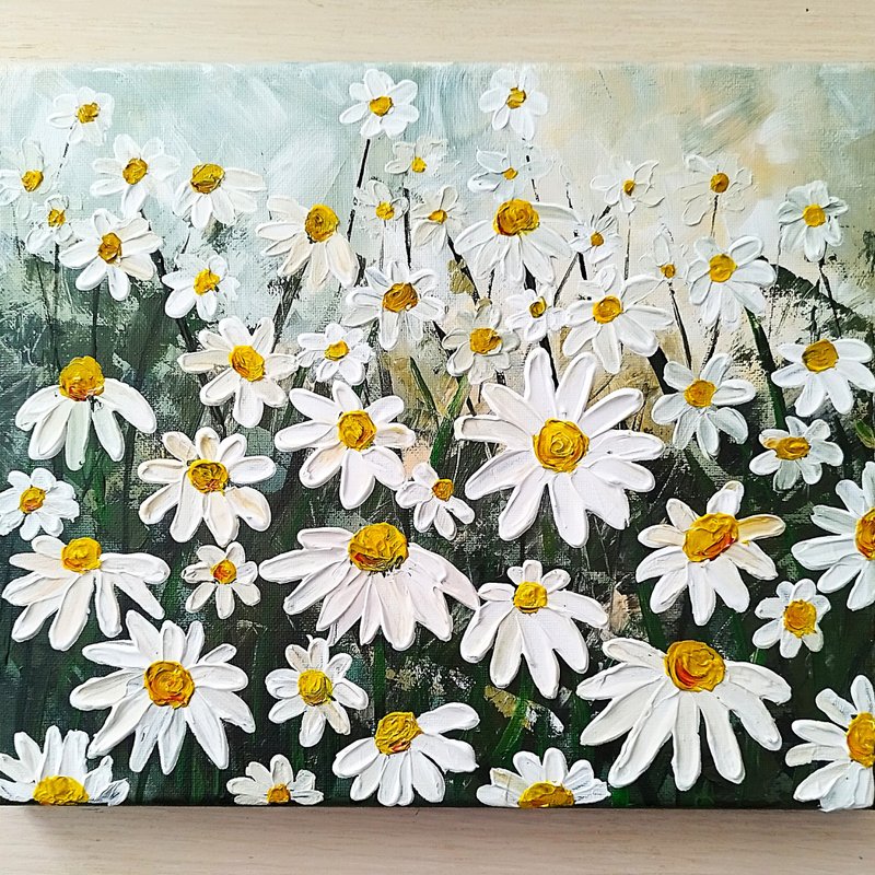 Daisies painting impasto Landscape textured art Wall Decor - 壁貼/牆壁裝飾 - 壓克力 多色