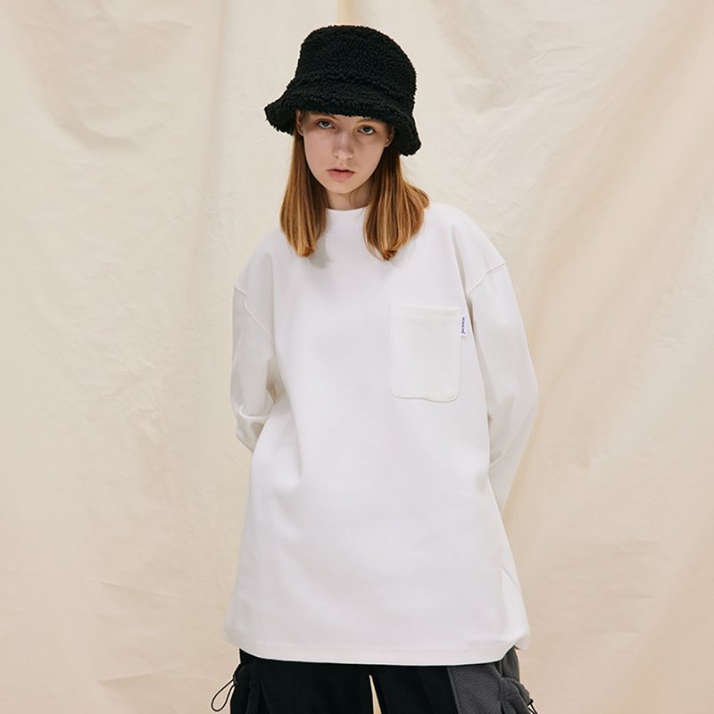 MOKACME VIBE 21AW半高領刺繡LOGO打基布口袋衛衣長袖 男女兩色 - 男 T 恤 - 聚酯纖維 白色