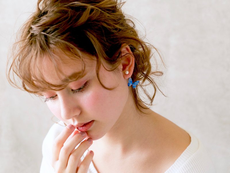 Light Blue Butterfly Earrings With Pearl / Pierced or Clip-on