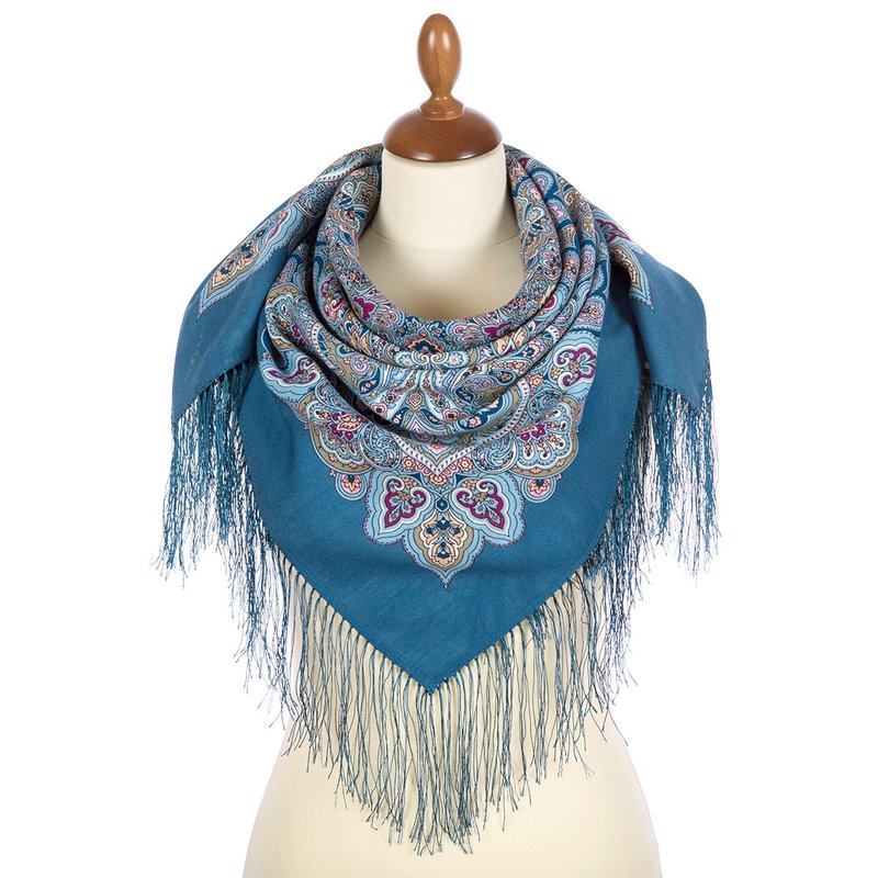 Authentic Pavlovo Posad Russian Shawl Scarf Soft 100% Wool 89x89 cm 1893-12 - Scarves - Wool Blue