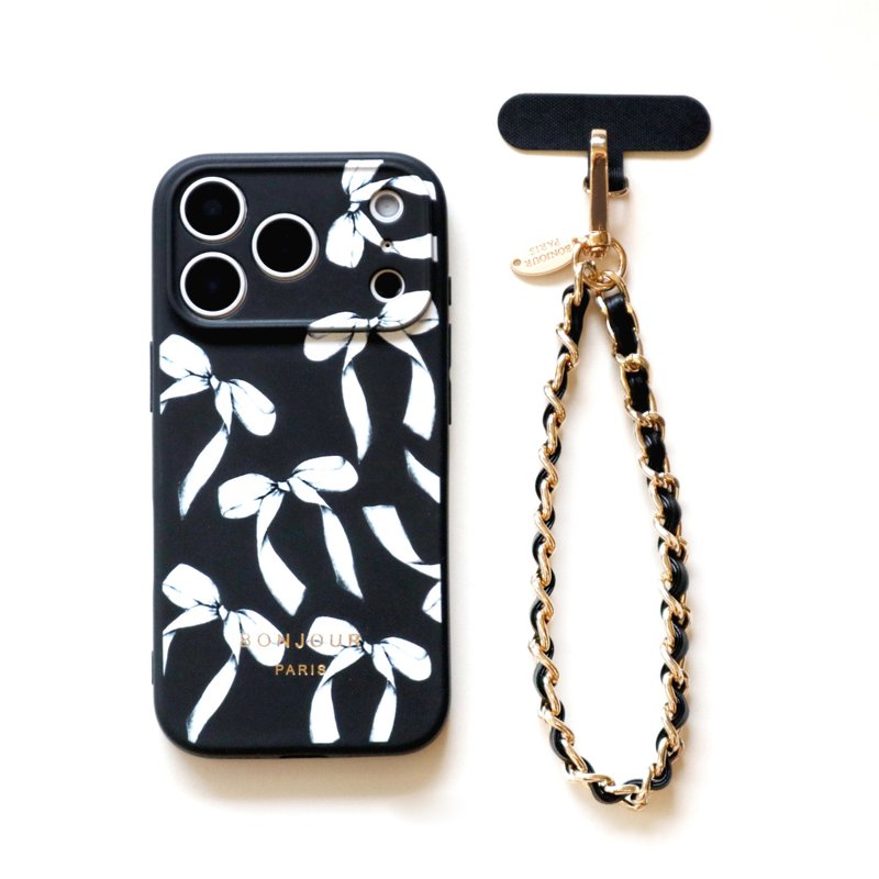 iPhone 17, 16, 15, 14. Black and White Ribbon Pearl Chain Phone Case - เคส/ซองมือถือ - พลาสติก สีดำ