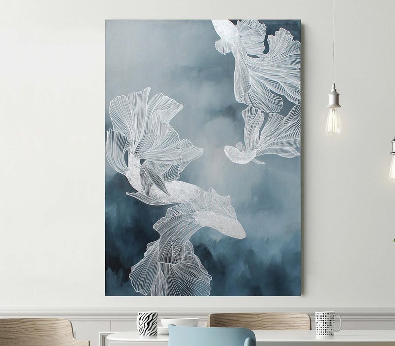 Silver canvas wall art| Alcohol ink paintings|Decor Silver wall art| Immensity 2 - 壁貼/牆壁裝飾 - 棉．麻 藍色