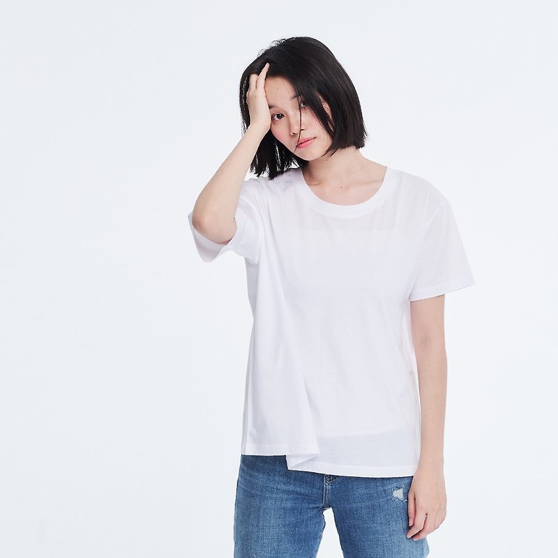 Shine Cotton Fabric Asymmetry Sleeves T-shirt Top White - Women's T-Shirts - Cotton & Hemp White