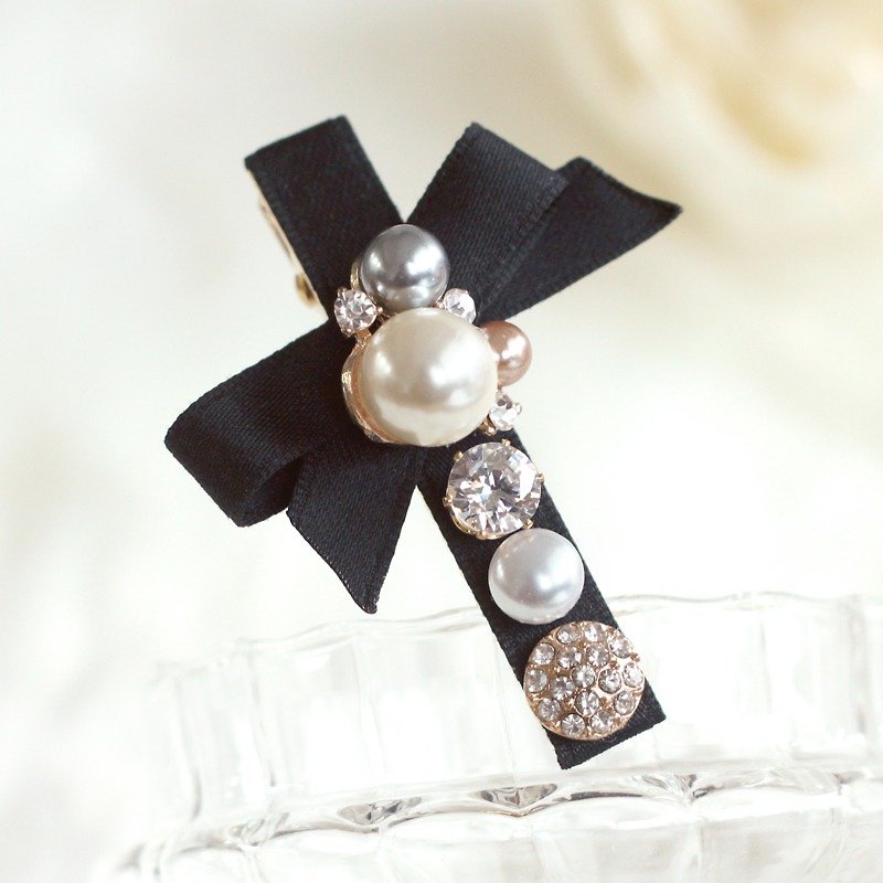Colored Pearl with Ribbon Hair Clip - Hair Accessories - Other Materials Black