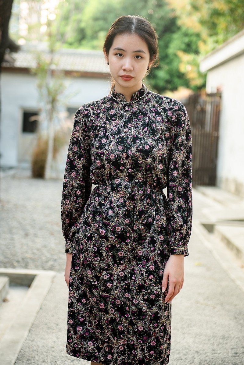 Vintage stand collar black floral dress - One Piece Dresses - Other Materials 