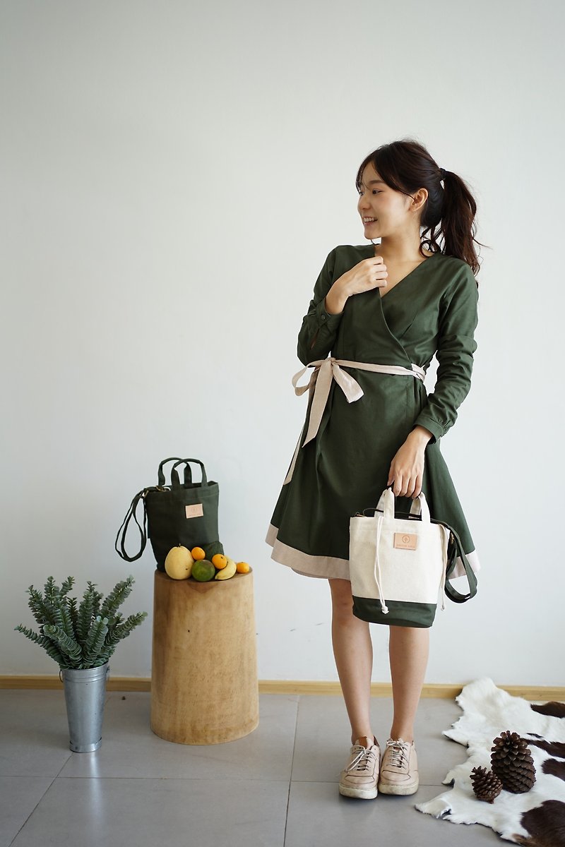 LOOKIN - cotton long sleeve wrap dress (green) - One Piece Dresses - Cotton & Hemp Green