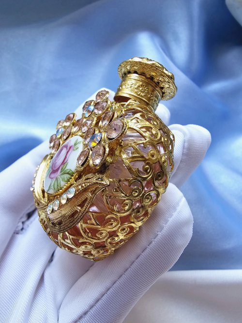 チェコ工芸ガラス フィリグリーラインストーン 磁器ローズ香水瓶