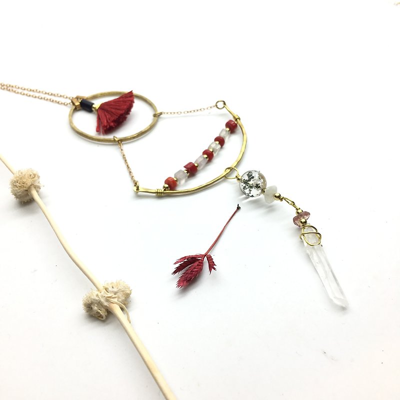 Old forest groceries l natural gemstone long necklace - long chain / red coral / color ghost / white crystal column / strawberry crystal - Long Necklaces - Gemstone Red