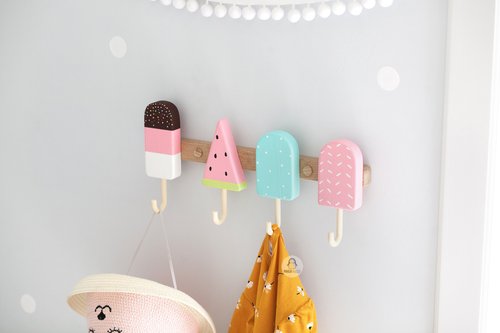 Pinguwood Clothes and towel hanger for nursery with wooden ice cream hooks