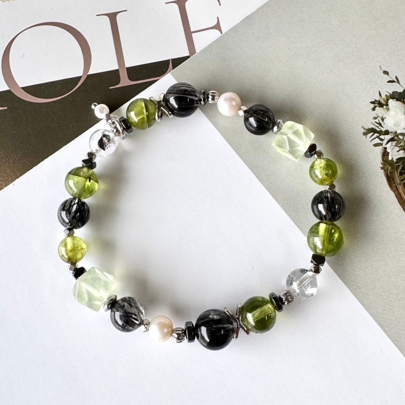 事業加速器 精品冰透黑髮晶 稀缺橄欖石 能量放大閃靈鑽 - 手鍊/手環 - 半寶石 